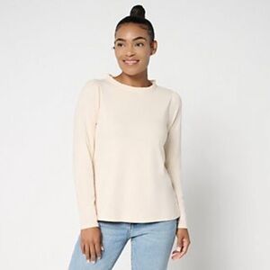AnyBody Cozy Knit Ruffle Neck Cream Long Sleeve Women's Top Classic Versatile